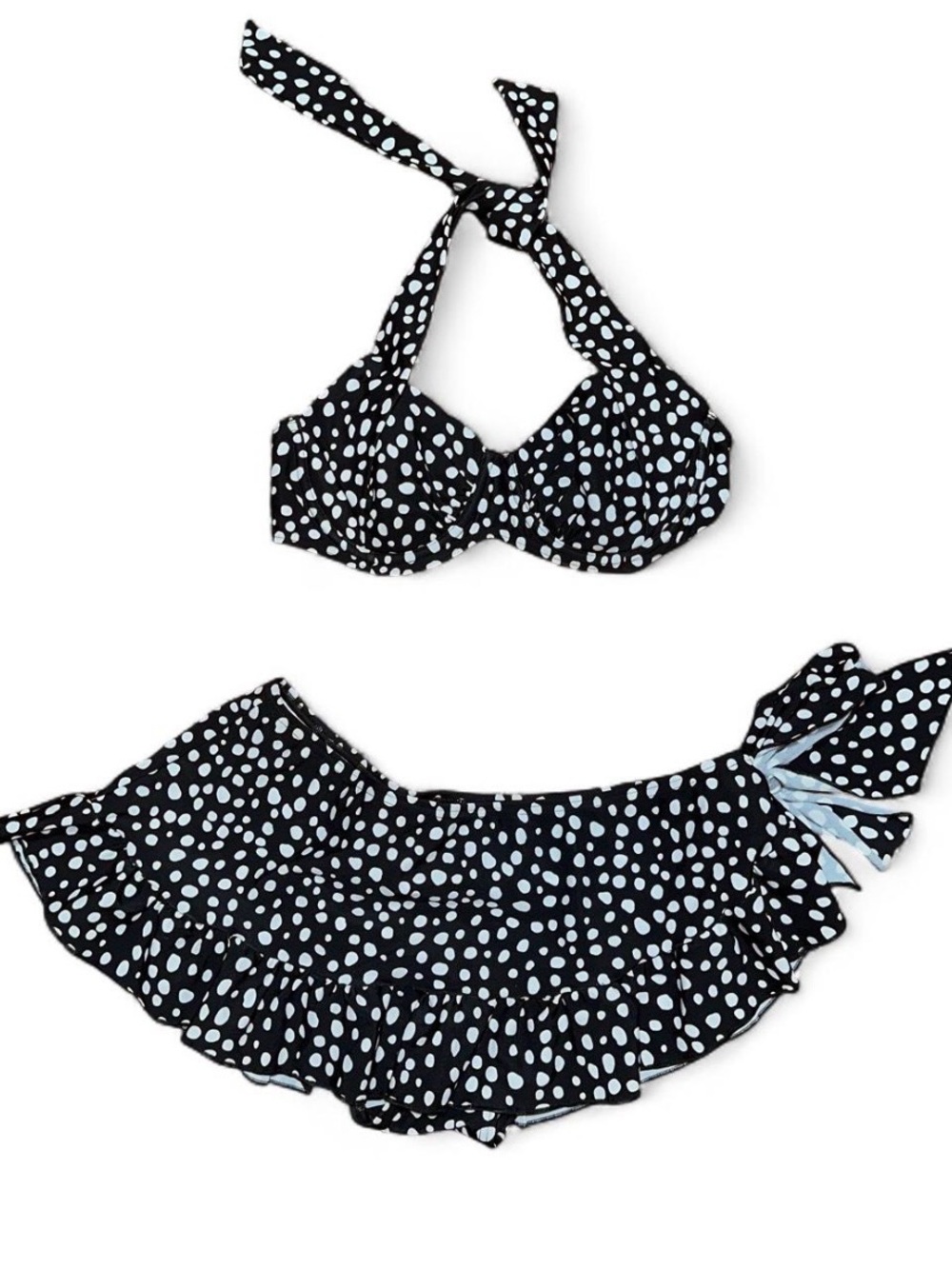 Black & White Polka Dot Halter Bikini Set with Skirt